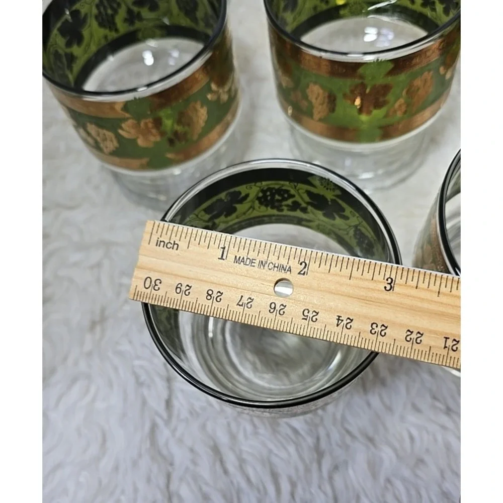 8 Cera Golden Grapes Double Old Fashioned Footed‎ Tumbler Glasses MCM Green Gold